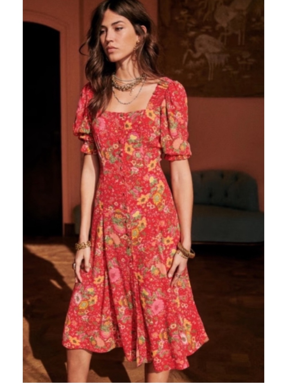 SEZANE Red Pink & Yellow Floral Printed Puff Sleeve Square Neck Winona Midi Dres